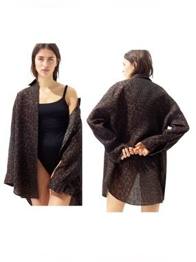 NWT H&M Brown Leopard Print Linen Beach Shirt Large